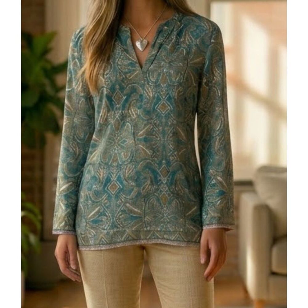 100% Linen Charter Club Women’s Boho Chic Green Paisley V-Neck Keyhole Top - 6P